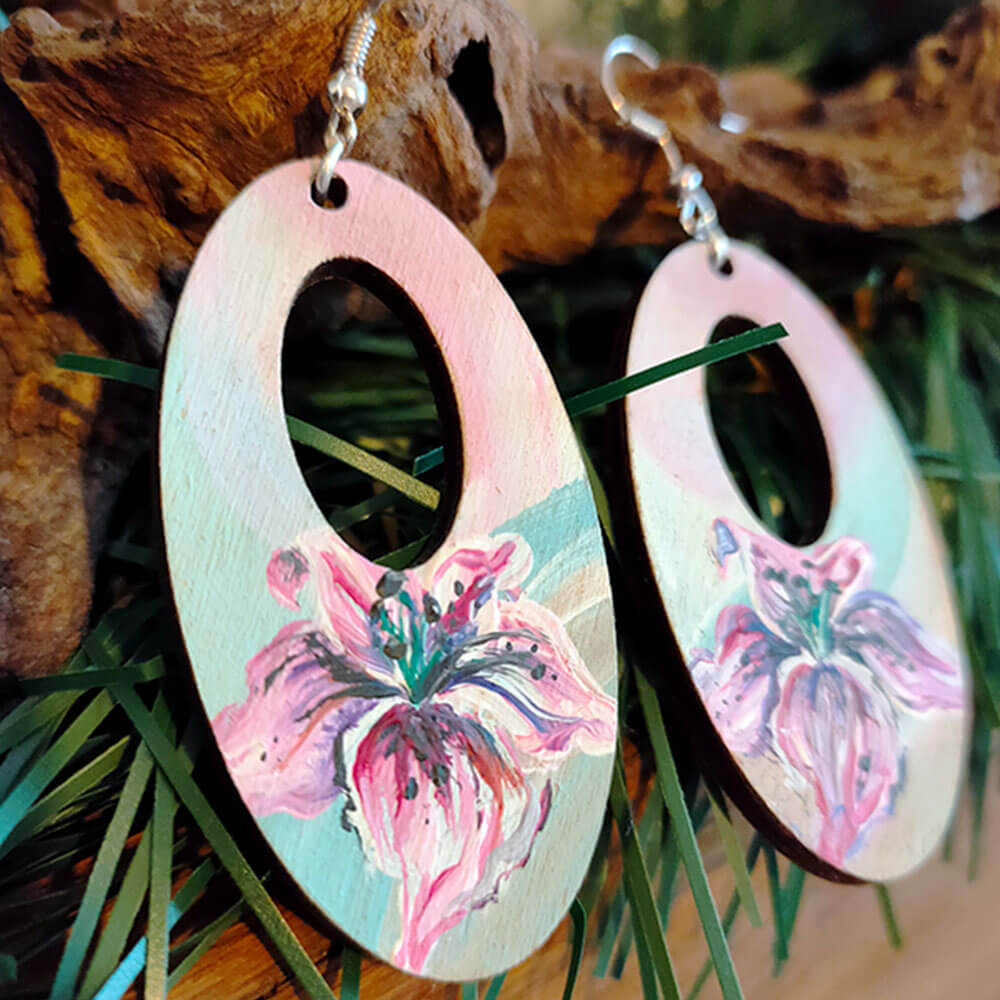 Hand painted Tiger Lily earrings on wooden oval drops.