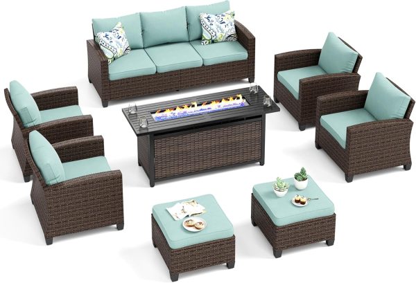 Patio Furniture Set, 8 Pcs Wicker Outdoor Conversation Set, 4 x Single Chairs, 1 x 3 Seater Sofa and 2 x Ottoman with 4" Thick Cushion and 56" Fire Pit Table, Beige - Image 28