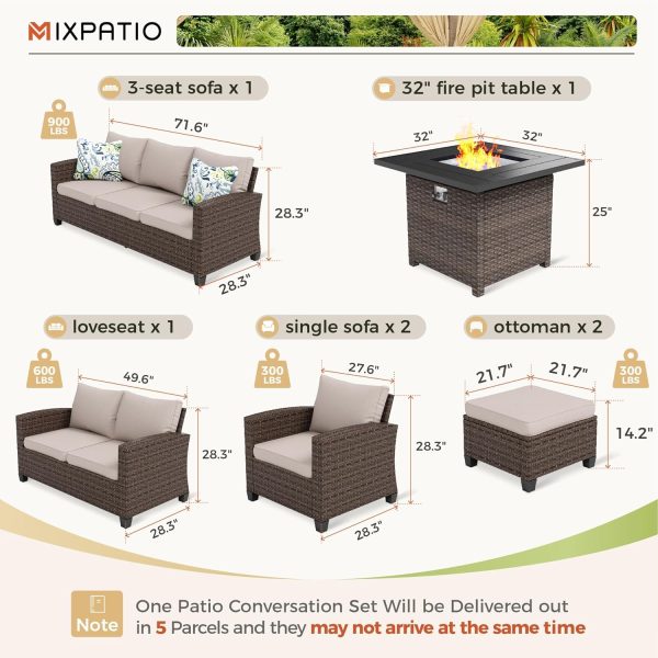 Patio Furniture Set, 8 Pcs Wicker Outdoor Conversation Set, 4 x Single Chairs, 1 x 3 Seater Sofa and 2 x Ottoman with 4" Thick Cushion and 56" Fire Pit Table, Beige - Image 37