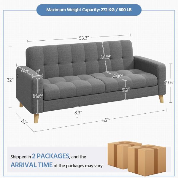 Yaheetech 2-Seater Fabric Sofa Loveseat with USB Ports Mid-Century Modern 65? W Couch Sofa with Solid Wood Legs for Living Room - Image 2