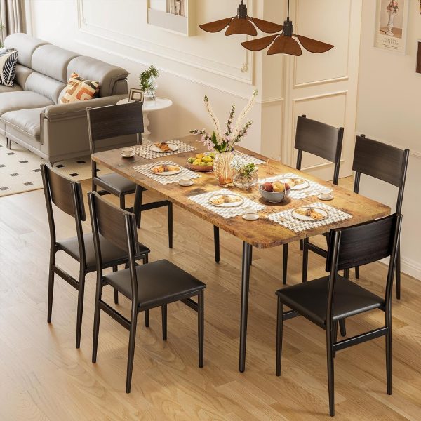 7-Piece Extendable Kitchen Table Set with 6 Upholstered Chairs, MDF Board & Metal Frame Dining Table Set for 4-6, Dining Room Table Set for Kitchen