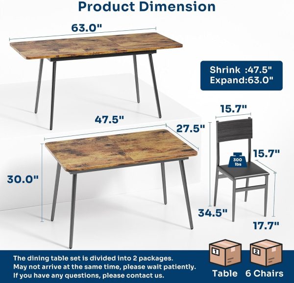 7-Piece Extendable Kitchen Table Set with 6 Upholstered Chairs, MDF Board & Metal Frame Dining Table Set for 4-6, Dining Room Table Set for Kitchen - Image 5