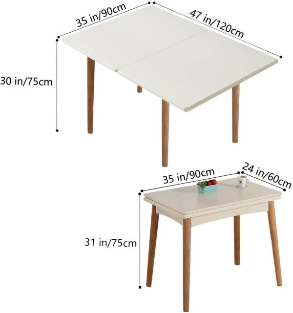 47" Multifunctional Wooden Foldable Dining Table with Thai Oak Legs, Modern Space Saving Kitchen Table for Living Room White - Image 2