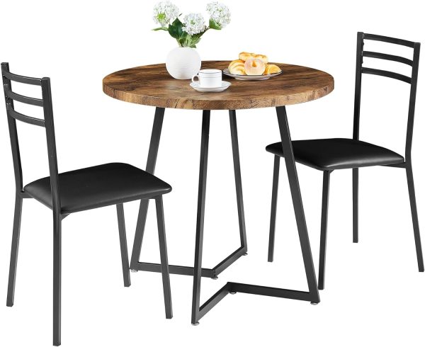 VECELO Round Kitchen Table with 2 Upholstered Chairs, 3-Piece Wood Dinette Sets with Steel Frame for Breakfast Nook