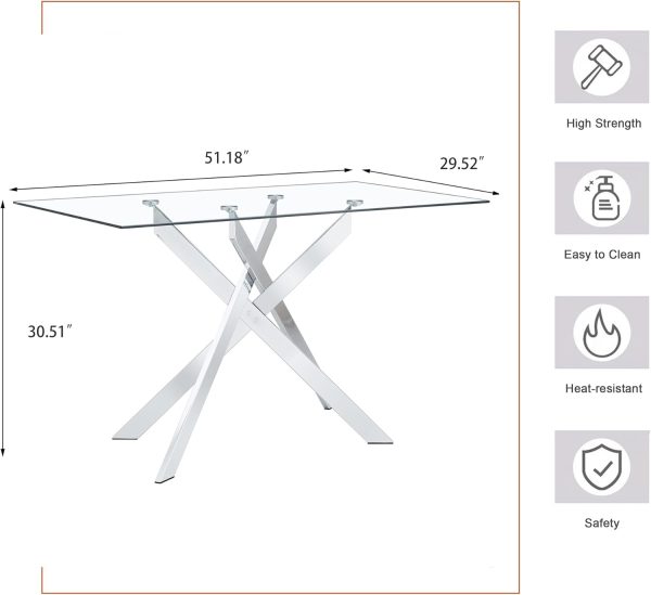 51.18" Rectangular Clear Glass Dining Table, Tempered Glass Table Top with Metal Legs, Versatile Functionality and Premium Craftsmanship - Image 2