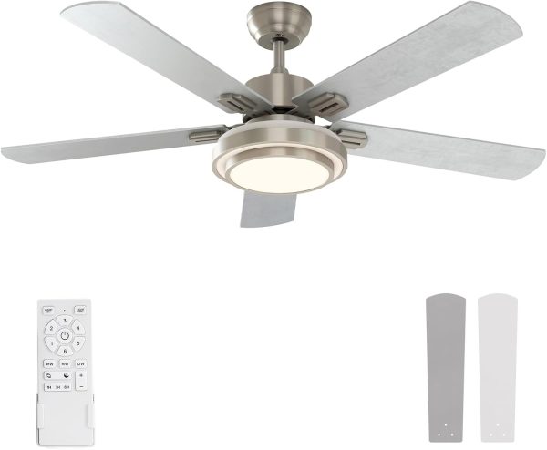 warmiplanet Ceiling Fan with Lights Remote Control, 52 Inch, Brushed Nickel (5-Blades)