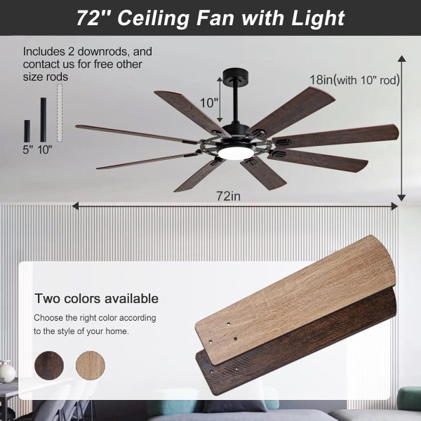 72 Inch Black Ceiling Fans with Lights and Remote, Large Modern Indoor - Image 4