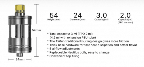 Aspire Nautilus GT Tank Specifications