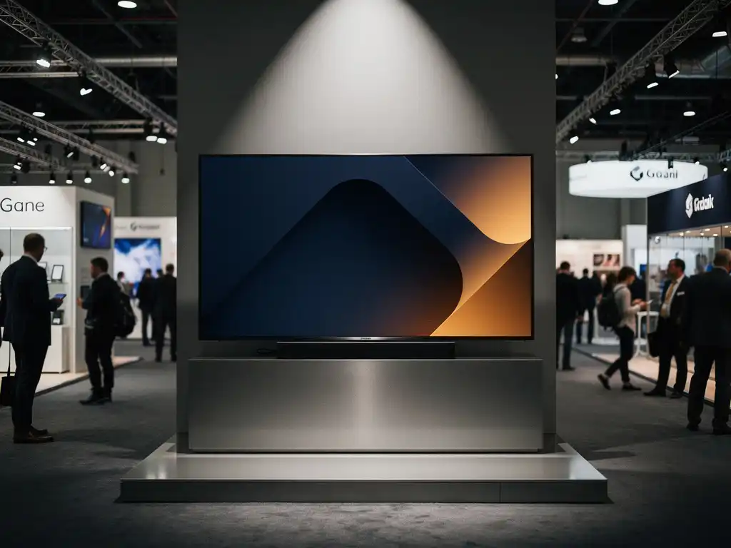 Groot displayscherm met presentatieslide op een moderne beursstand, verlicht door spotlight, bezoekers op de achtergrond.