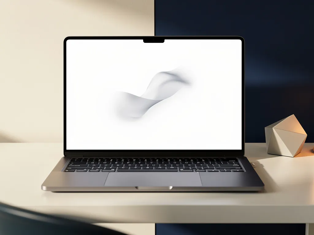 Laptop op een studio bureau met een minimale witte PowerPoint-dia in animatie, zachte schaduwen en ivoor-marineblauw kleurenpalet.