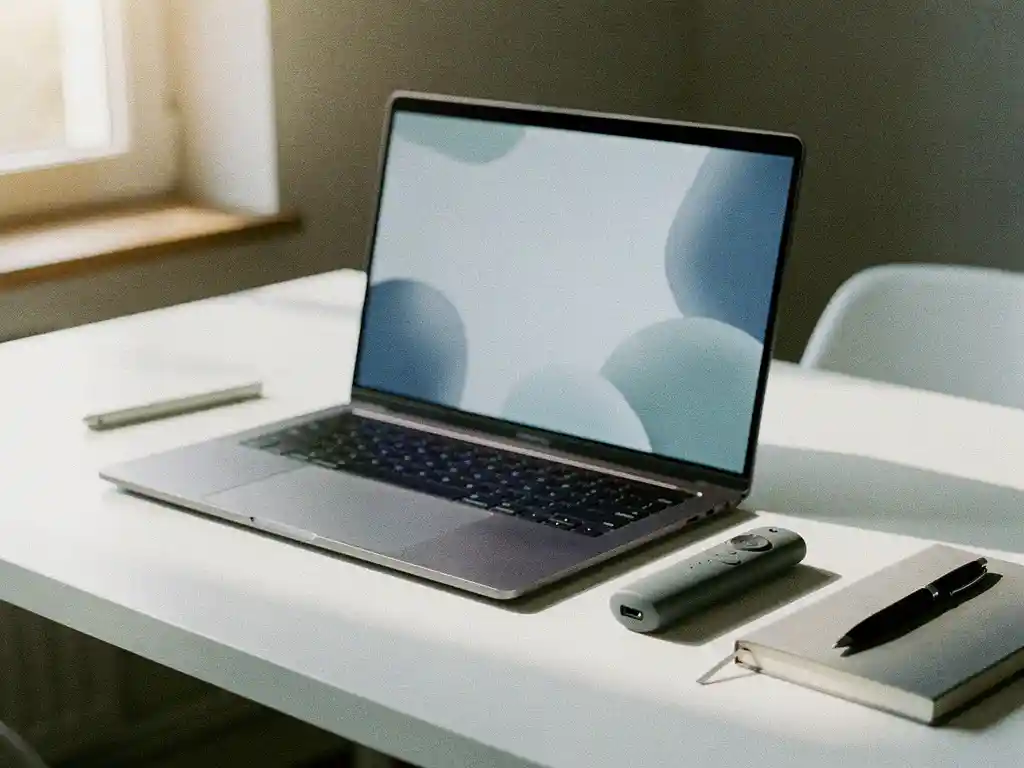 Laptop met presentatiedia op wit bureau, draadloze presenter en notitieboekje ernaast, zacht natuurlijk licht.
