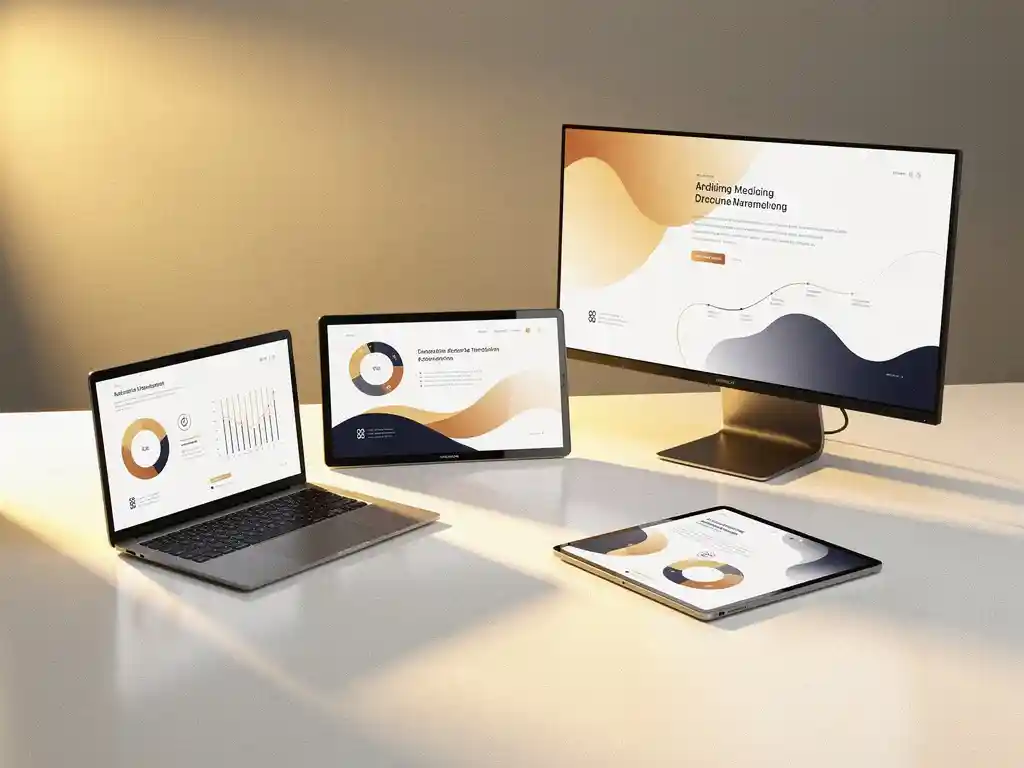 Laptop, tablet en desktopmonitor op wit bureau met presentatieslides, verlicht door warm goudkleurig licht.