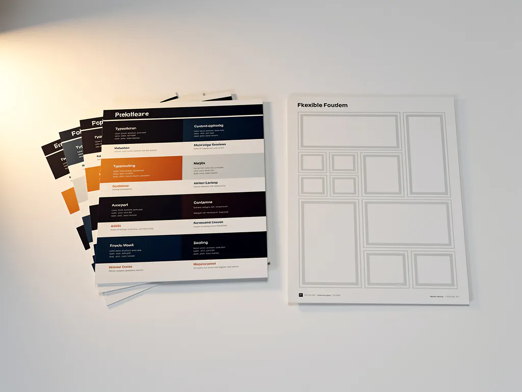Ontwerpersbureau met merkpresentatie naast flexibel lay-outrastersjabloon, kleurstalen en typografiesamples op wit oppervlak.
