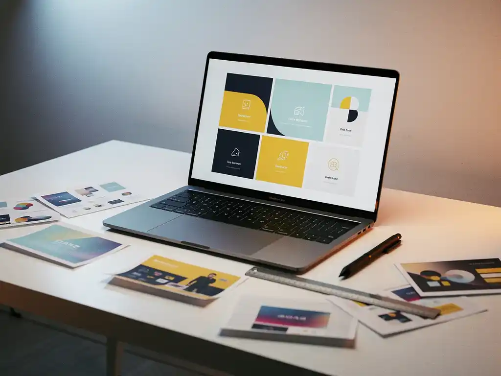 Moderne laptop op wit bureau toont strakke presentatieslide, omringd door verouderde gedrukte slideontwerpen, liniaal en stylus.