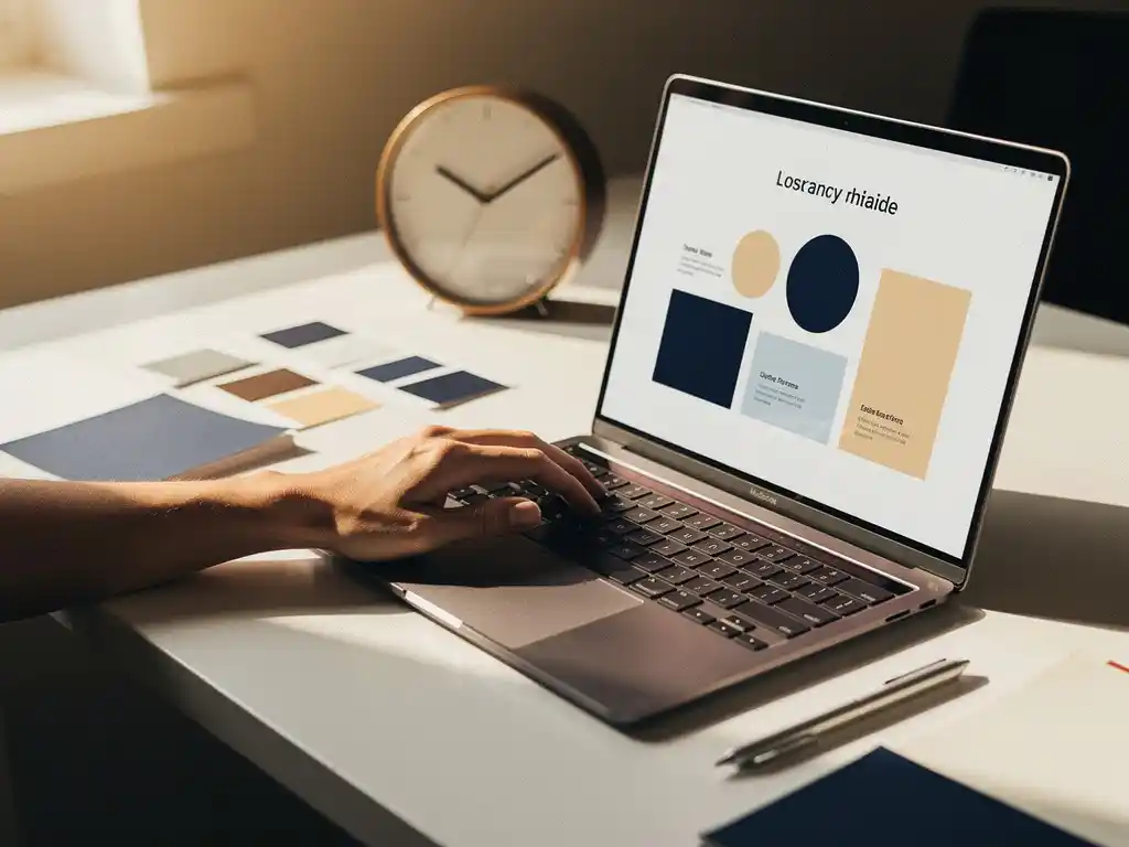 Designer werkt aan een presentatie op laptop, omringd door kleurstalen en een analoge klok op wit bureau met warm natuurlijk licht.