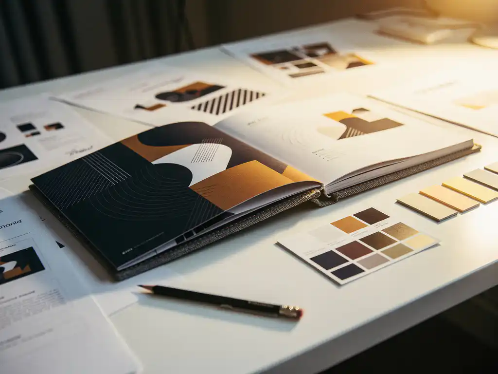 Op maat gebonden presentatiemap met geïllustreerde omslag open op designbureau, omringd door generieke templateprints, potlood en kleurstalen erbij.