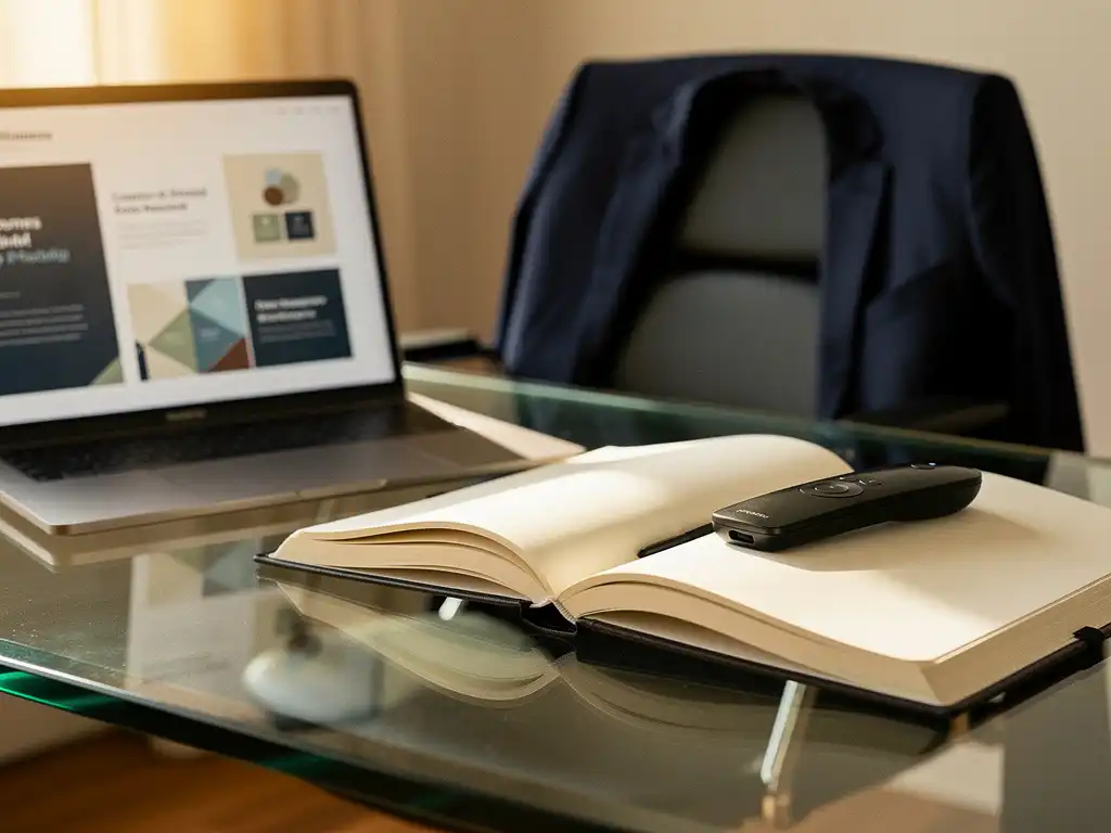Presentatieklikker op een open notitieboek naast een laptop met een slideshow, pak over de stoel, modern minimalistisch kantoor.