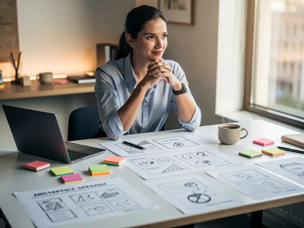 Professional pauzeert peinzend aan modern bureau met presentatieontwerpen, laptop en dampende koffie in creatieve studio.