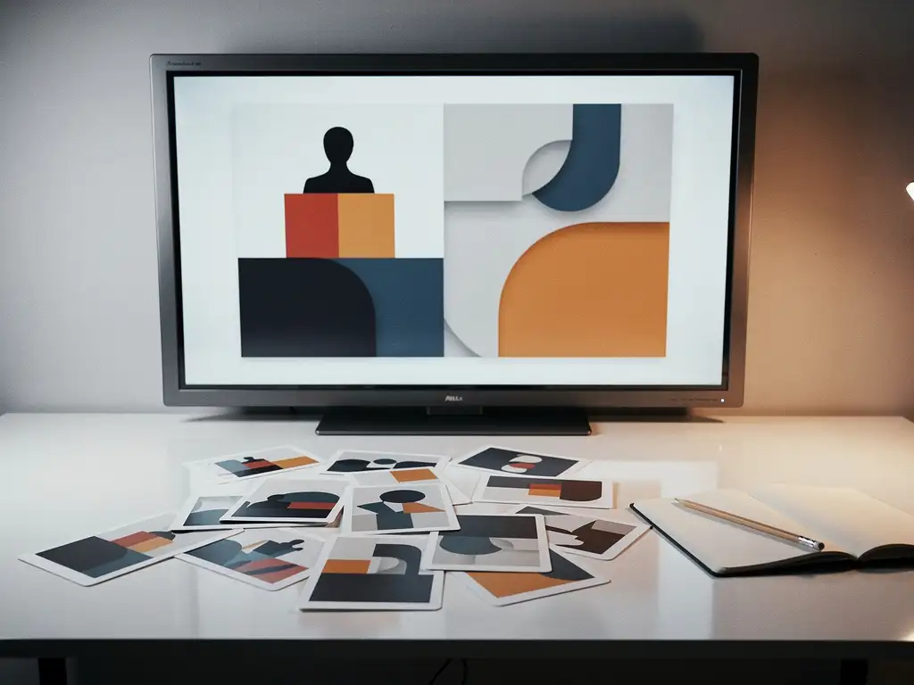 Presentatiescherm met geometrische slides op een witte bureau, omringd door persona-kaarten, notitieboek en potlood in warm studiolicht.