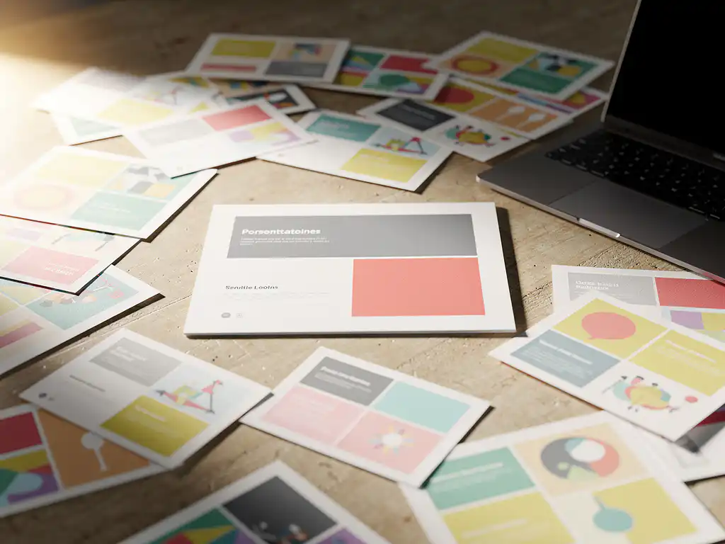 Rommelig designersbureau met mismatched presentatieslides in felle kleuren, één strak professioneel template springt eruit, laptop op de achtergrond.