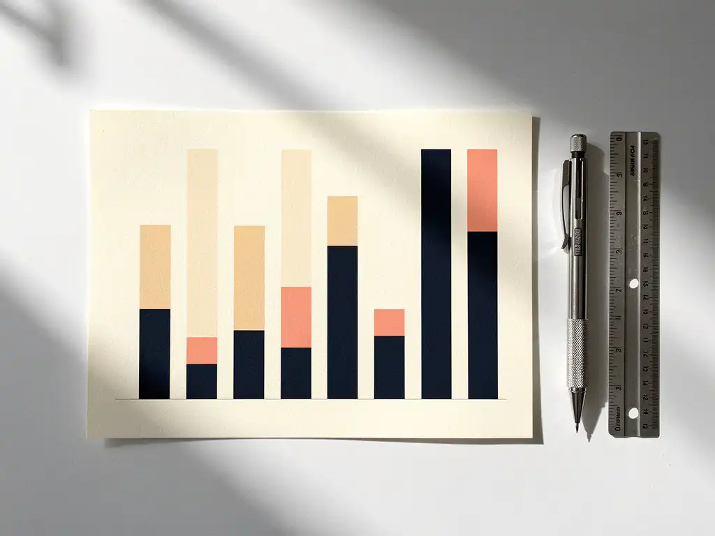 Afgedrukt staafdiagram op mat papier op wit bureau, met mechanisch potlood en liniaal, verlicht door zacht natuurlijk daglicht.