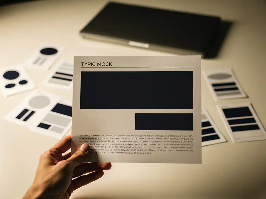 Hand houdt gedrukte slide-mockup vast met vetgedrukte typografische hiërarchie, font-swatches en laptop op studio-bureau op achtergrond.