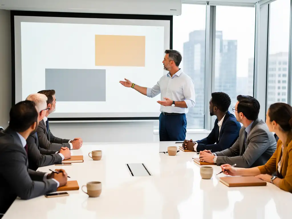 Trainer wijst naar projectiescherm tijdens zakelijke presentatie in moderne vergaderruimte met collega's aan witte tafel.