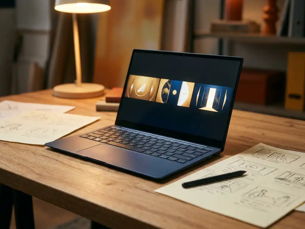 Laptop op studio-bureau met levendige geanimeerde presentatieslides op scherm, storyboardschetsen en stylus ernaast, warm amberkleurig licht.