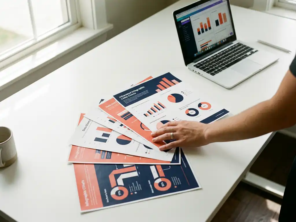 Hand van een designer die kleurrijke infographic-sheets rangschikt op een wit bureau, met een laptop, in marineblauw, koraal en wit.