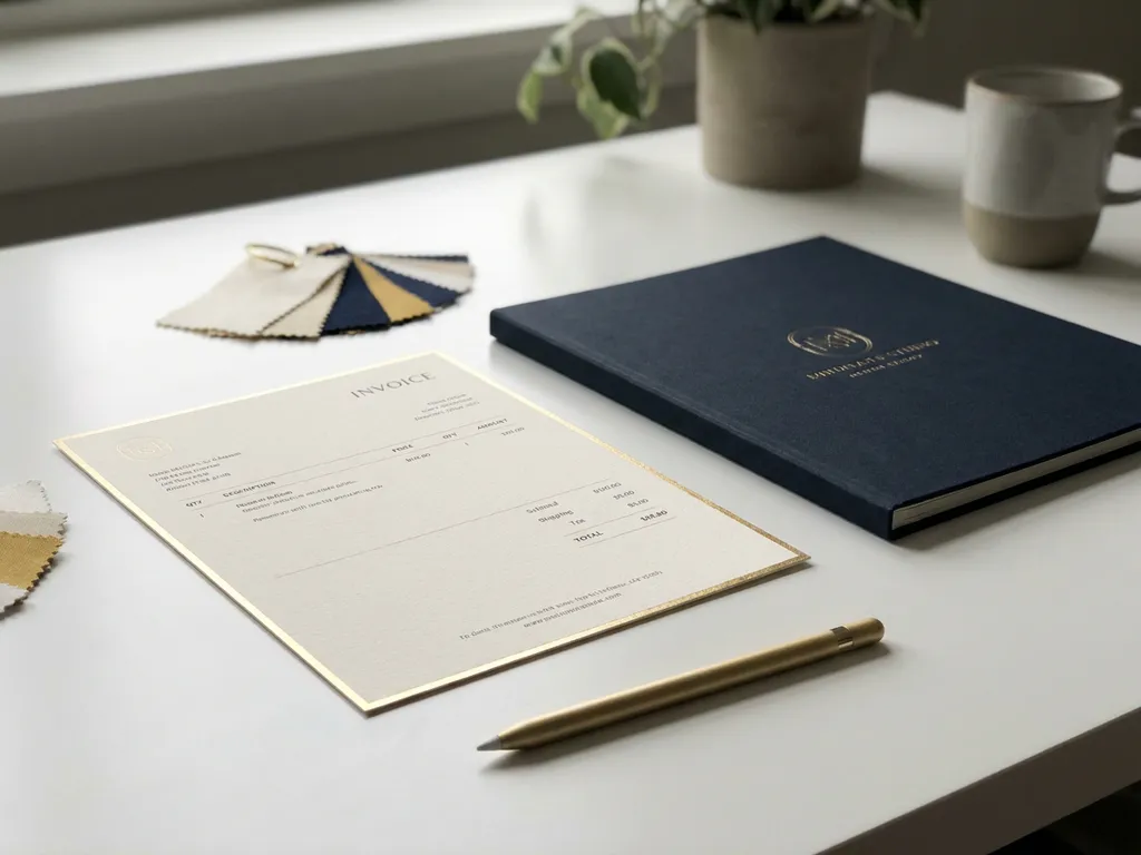 Professionele factuur en presentatiemap naast elkaar op wit bureau, met stylus en kleurstalen in warm crème en marineblauw.