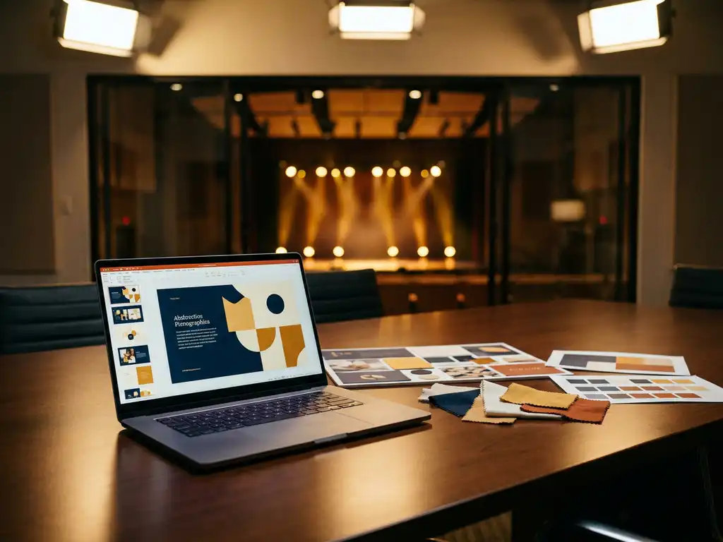 Laptop op vergadertafel met evenementpresentatie, omringd door moodboards en kleurstalen, vaag podium met spotlights op de achtergrond.