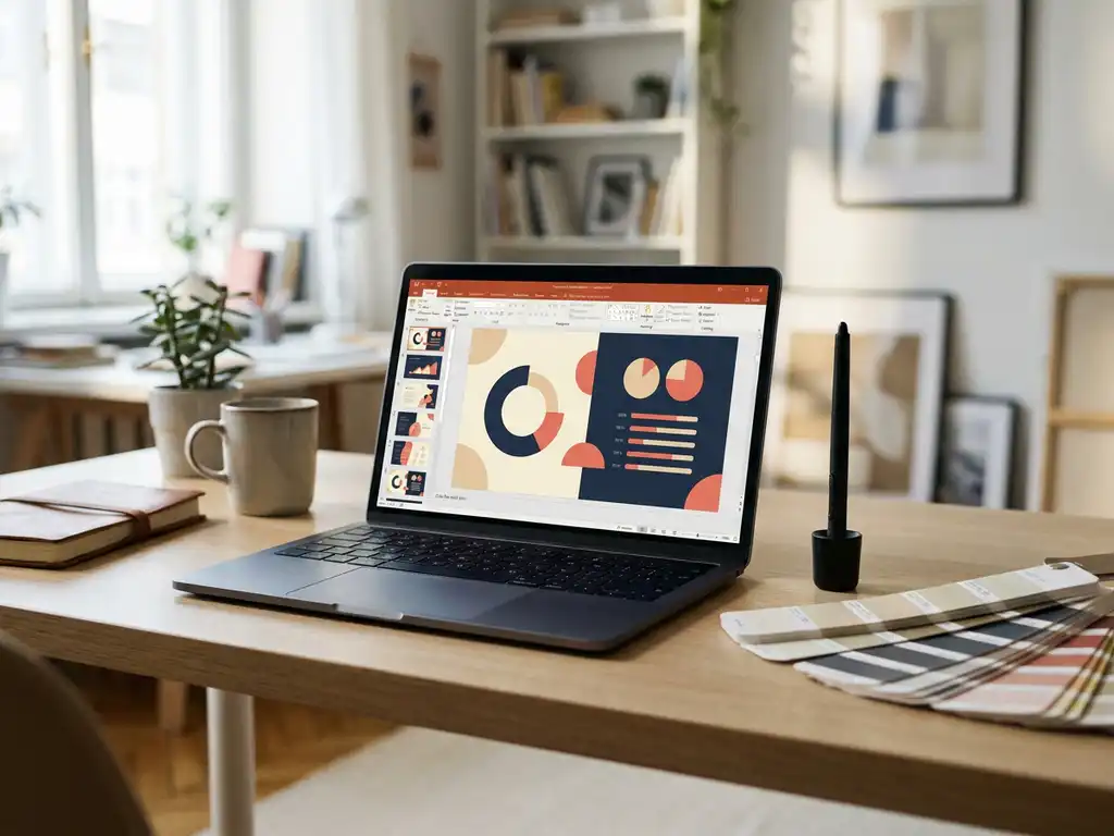Laptop met PowerPoint-presentatie op modern bureau, omringd door kleurstalen en stylus in warm natuurlijk licht.