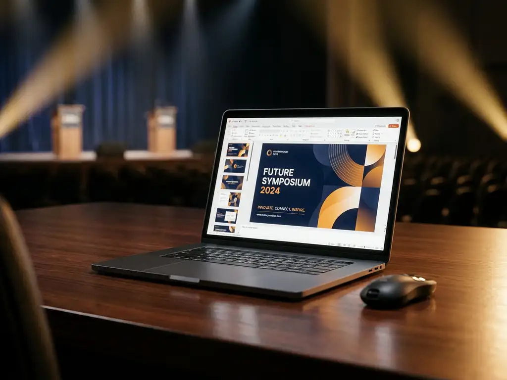 Laptop met evenementpresentatie op vergadertafel, draadloze clicker ernaast, onscherp podium met spotlights op de achtergrond.