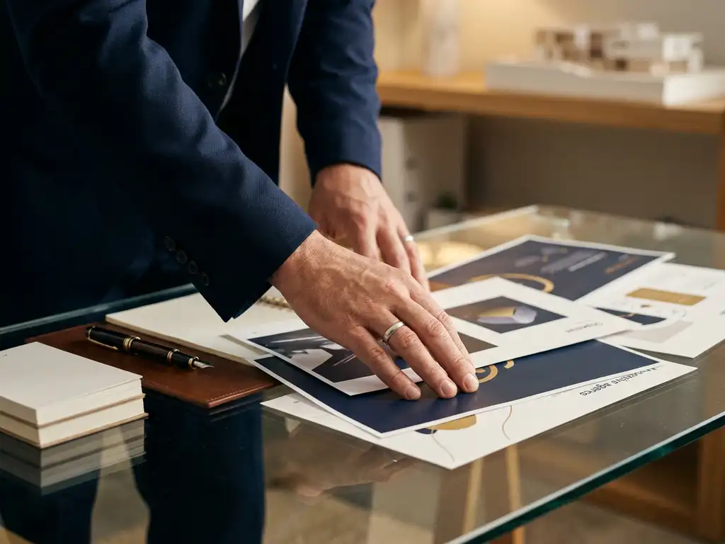 Ondernemershanden die gedrukte presentatieslides schikken op glazen bureau met vulpen, warme studiobelichting in marineblauw en goud.