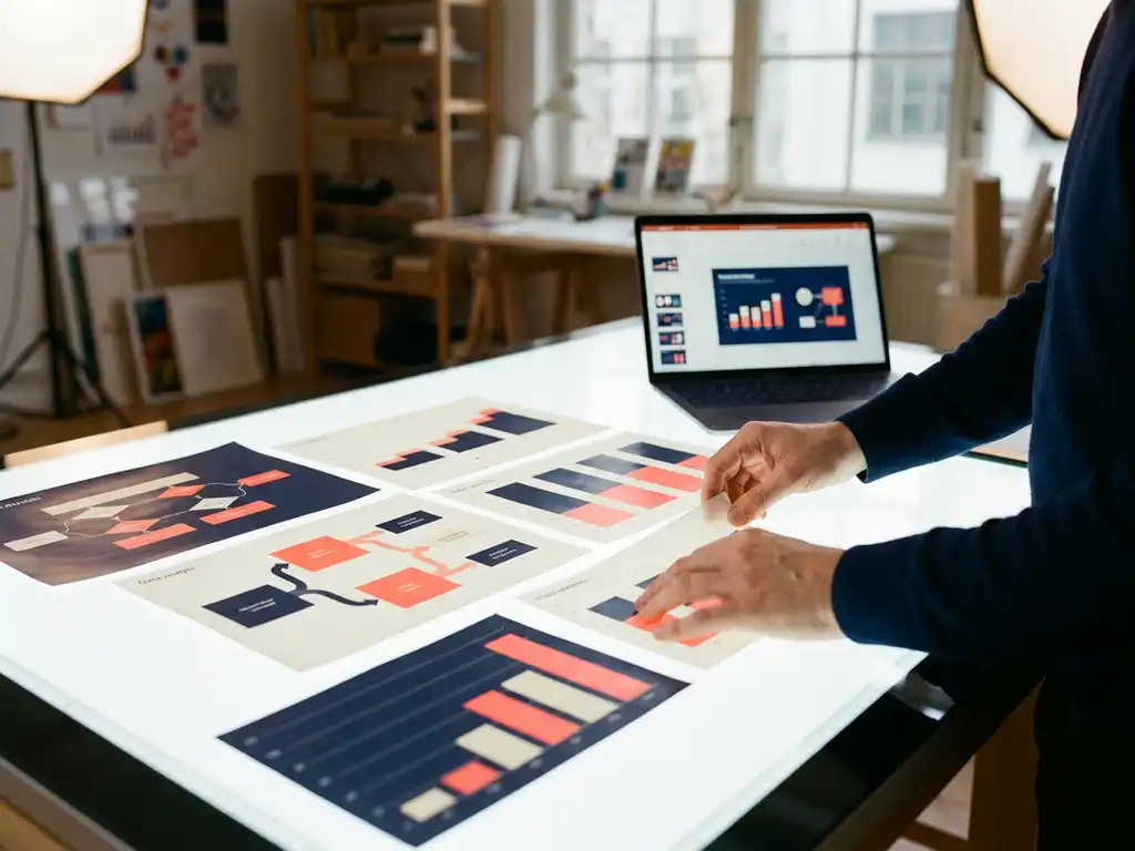 Ontwerper rangschikt kleurrijke staafdiagrammen en stroomschema's op een lichttafel, met een laptop op de achtergrond in een creatieve studio.