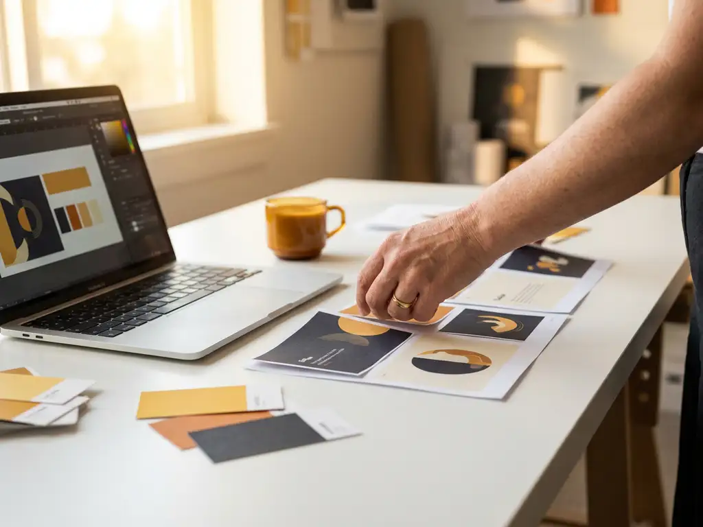 Ontwerper rangschikt gedrukte pitch deck mockups op wit bureau met laptop, kleurstalen en koffiekop in warm goudkleurig licht.