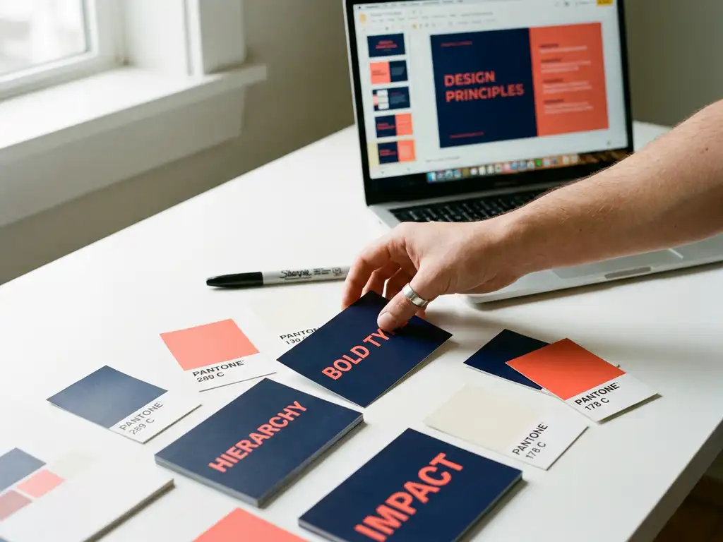 Designer schikt typografische layoutkaarten en kleurstalen op wit bureau, met laptop, Pantone-chips en marker in koraalrood en marineblauw.