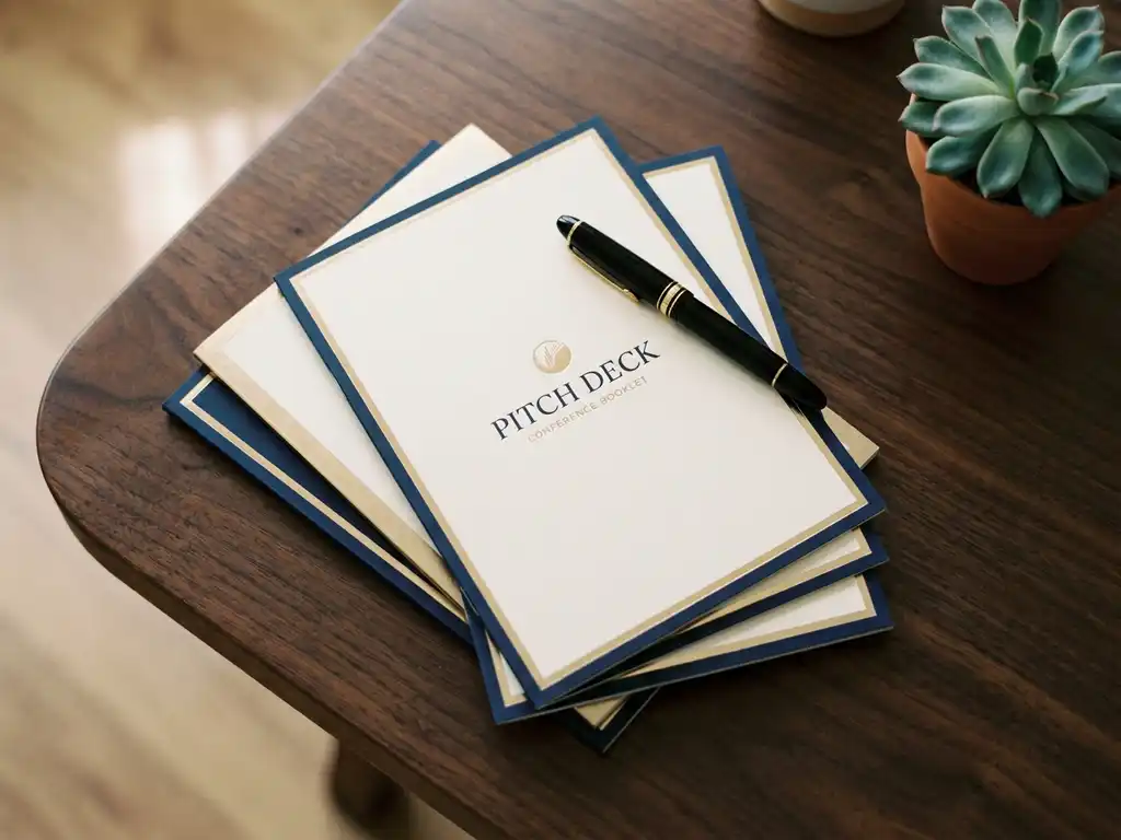 Pitch deck op mat papier uitgewaaierd op donker conferentietafel, met vulpen en vage succulent op de achtergrond.