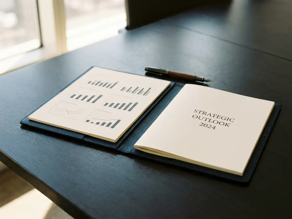 Open leren portfolio op vergadertafel met minimalistische dia's, een coverpagina en vulpen, zacht natuurlijk licht.