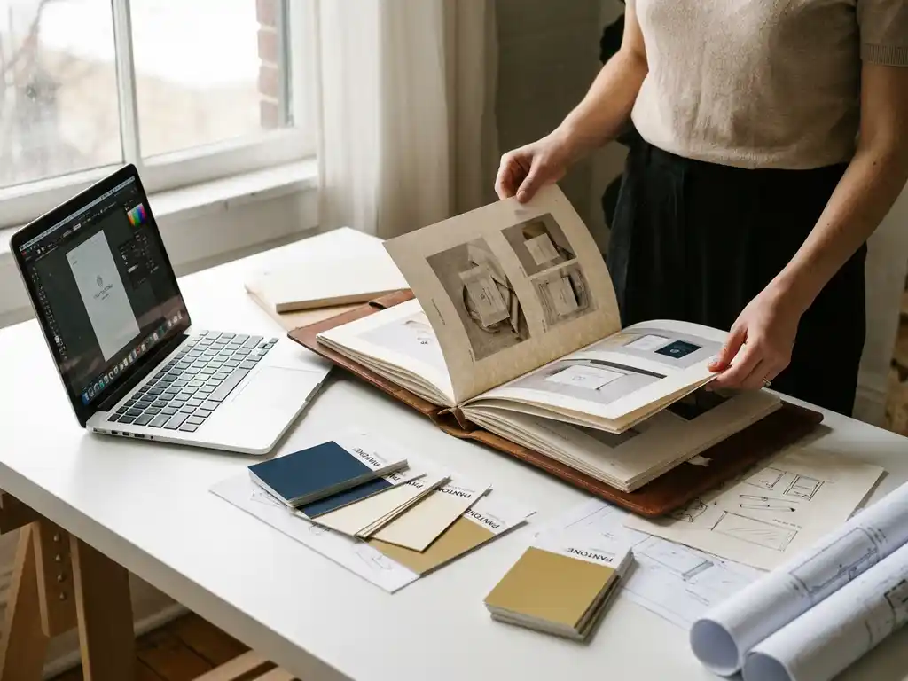 Creatief professional bekijkt presentatie-mockups op wit bureau met kleurstalen, schetsen en laptop in warm daglicht.