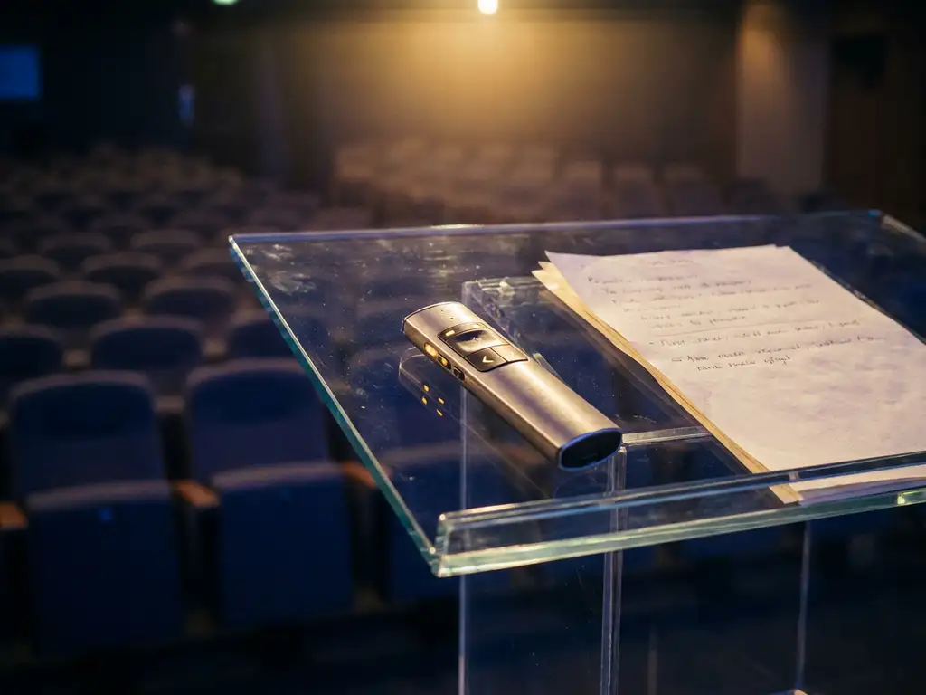 Presentatieklikker op glazen podium in conferentiezaal, verlicht door warm amberkleurig spotlicht met publieksstoelen op de achtergrond.