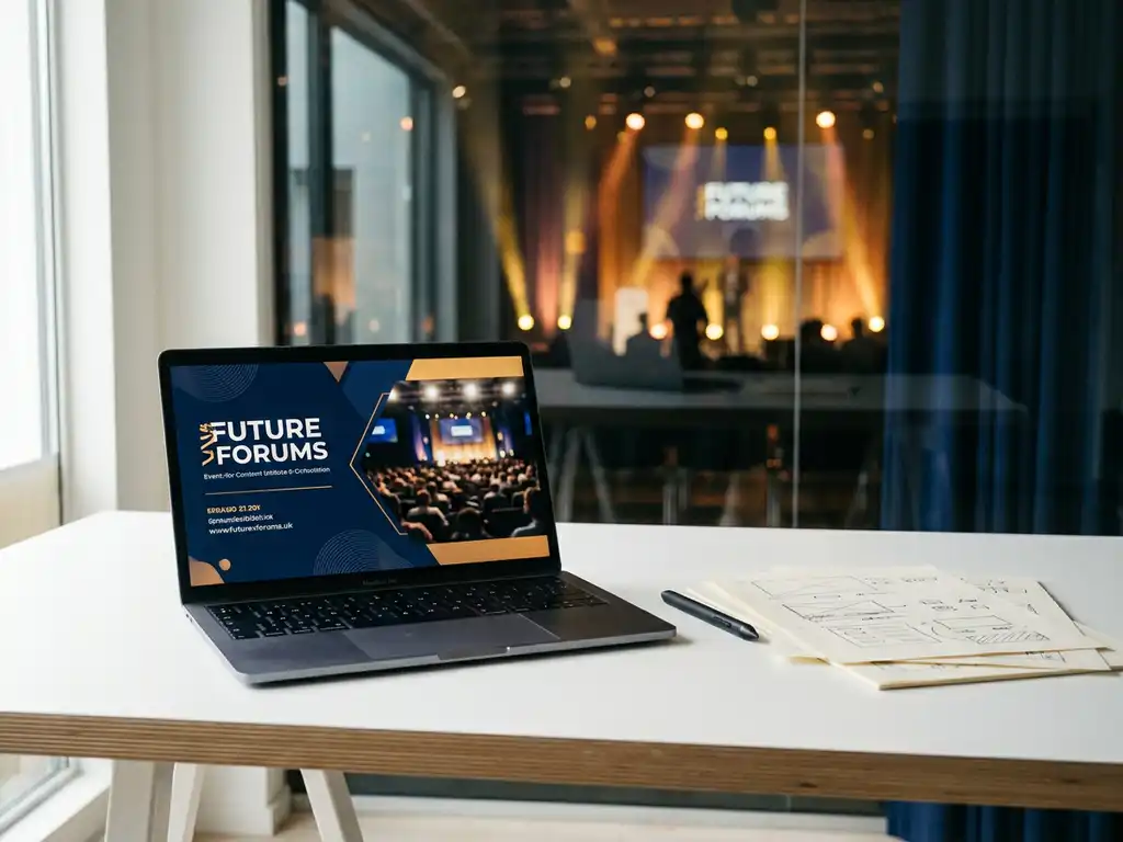 Laptop met evenementpresentatie op wit bureau, omringd door ontwerpschetsen en stylus, conferentiepodium zichtbaar op achtergrond.