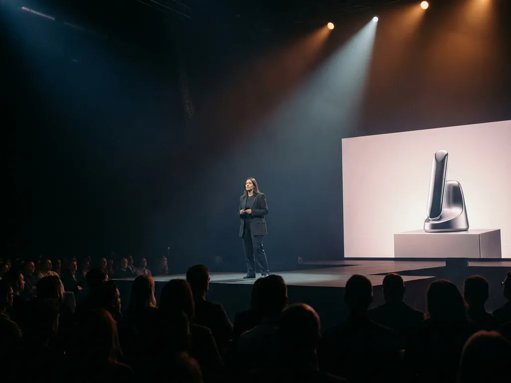 Presentator op verlicht podium toont product op sokkel voor publiek in donkere evenementenhal met dramatische spotlight.