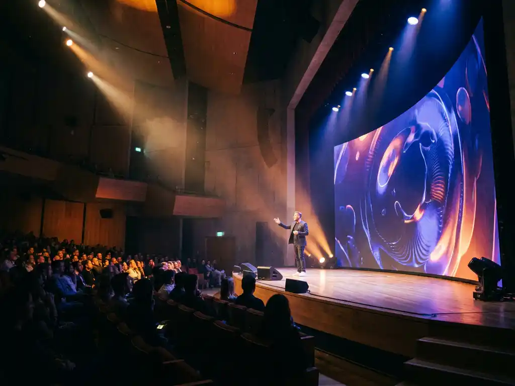 Spreker gebaart naar een verlicht podiumscherm met animaties, betrokken publiek op de voorgrond in een moderne auditorium met dramatische spotlights.