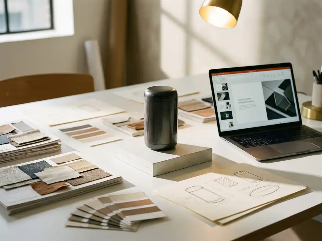 Productpresentatie op minimalistisch podium omgeven door moodboards, kleurstalen en ontwerpschetsen op wit studiobureaublad.