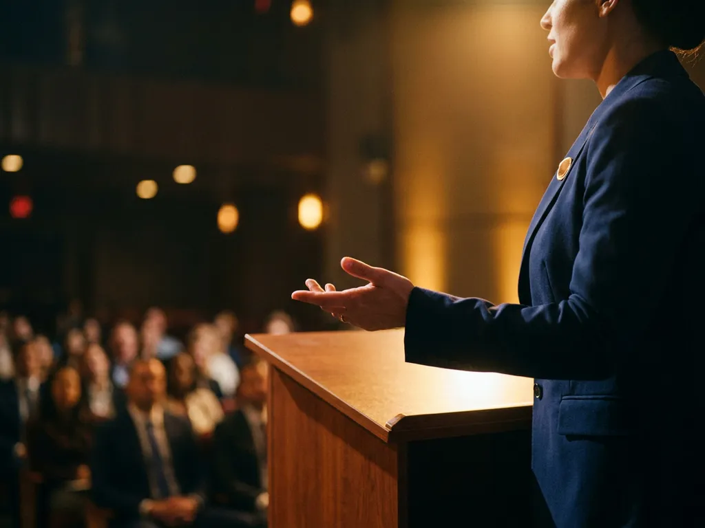 Zelfverzekerde spreker gebaart expressief vanaf een podium, dramatisch amberkleurig spotlicht, wazig publiek op de achtergrond.