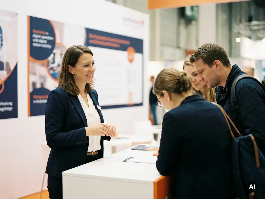 Professional in blazer bespreekt producten met bezoekers aan een strakke beurstand met marine en oranje kleuraccenten.