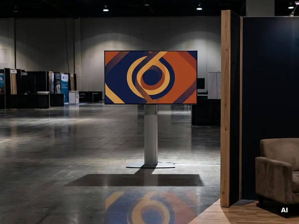 Presentatiescherm op een beurstand met kleurrijke dia's in een lege expositiehal, donkerblauwe en amberkleurige verlichting.