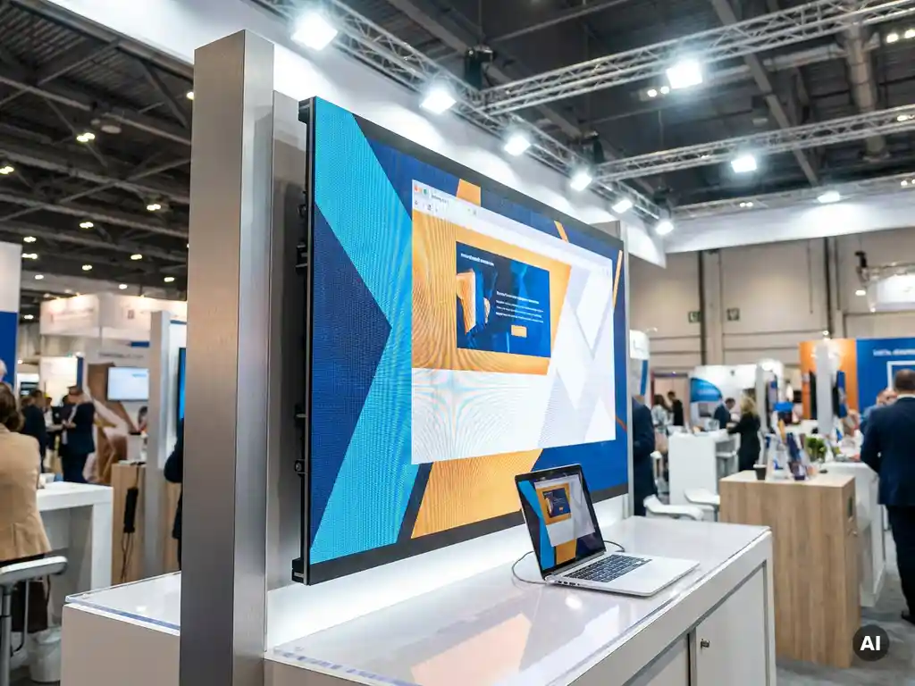 Verlicht beursstand met groot displayscherm in blauw en amber, laptop op wit aanrechtblad, moderne expohallen op de achtergrond.