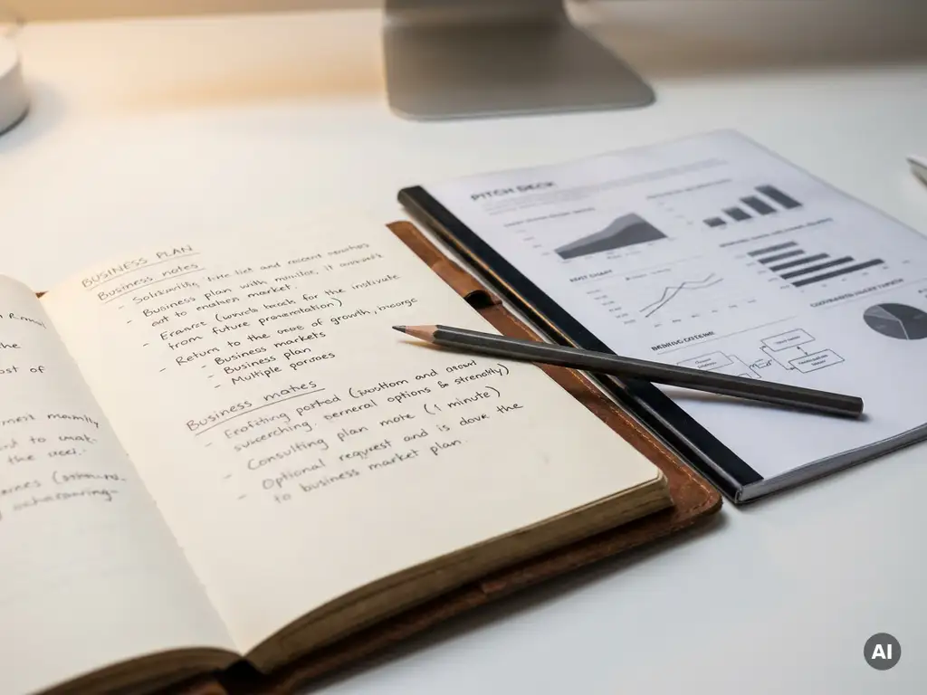 Opengeslagen leren notitieboek met handgeschreven businessplan naast een geprinte pitch deck op een wit bureau, verbonden door een potlood.